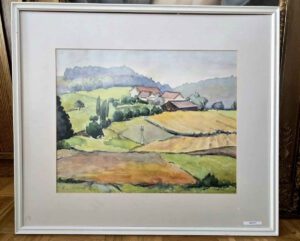 Hügelige Landschaft mit Gehöft, Aquarell 1990