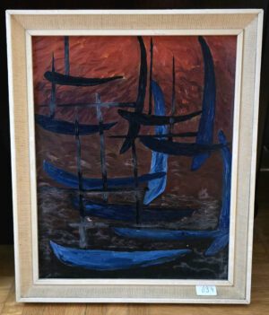 Unbekannt – Blaue Boote, expressive Ölmalerei