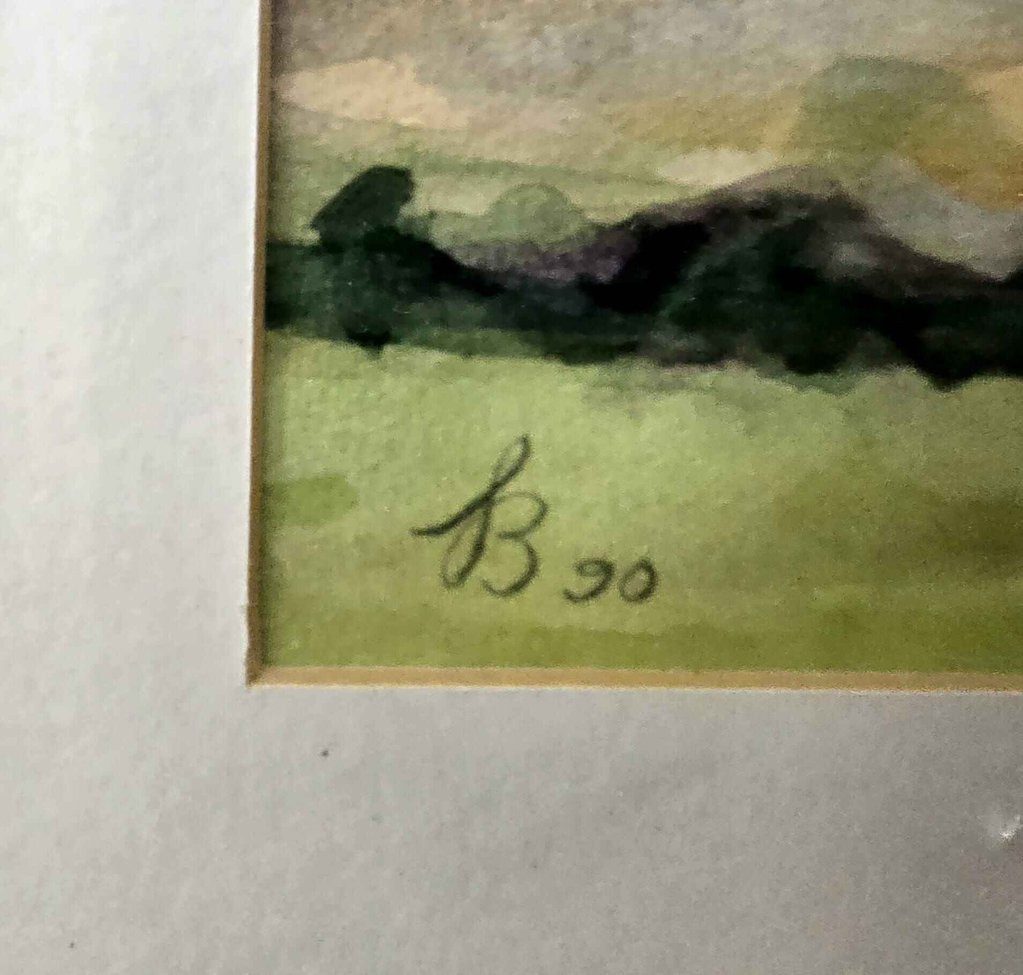 Hügelige Landschaft mit Gehöft, Aquarell 1990