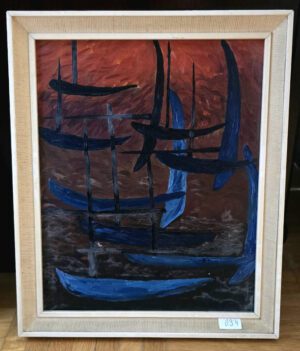 Unbekannt – Blaue Boote, expressive Ölmalerei